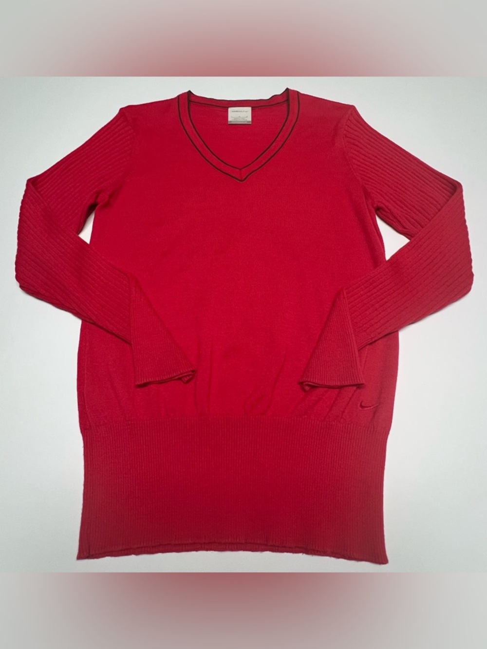 NIKE Golf Red V-Neck Sweater Women’s Large Ribbed Sleeve Lightweight Pullover - Picture 7 of 7